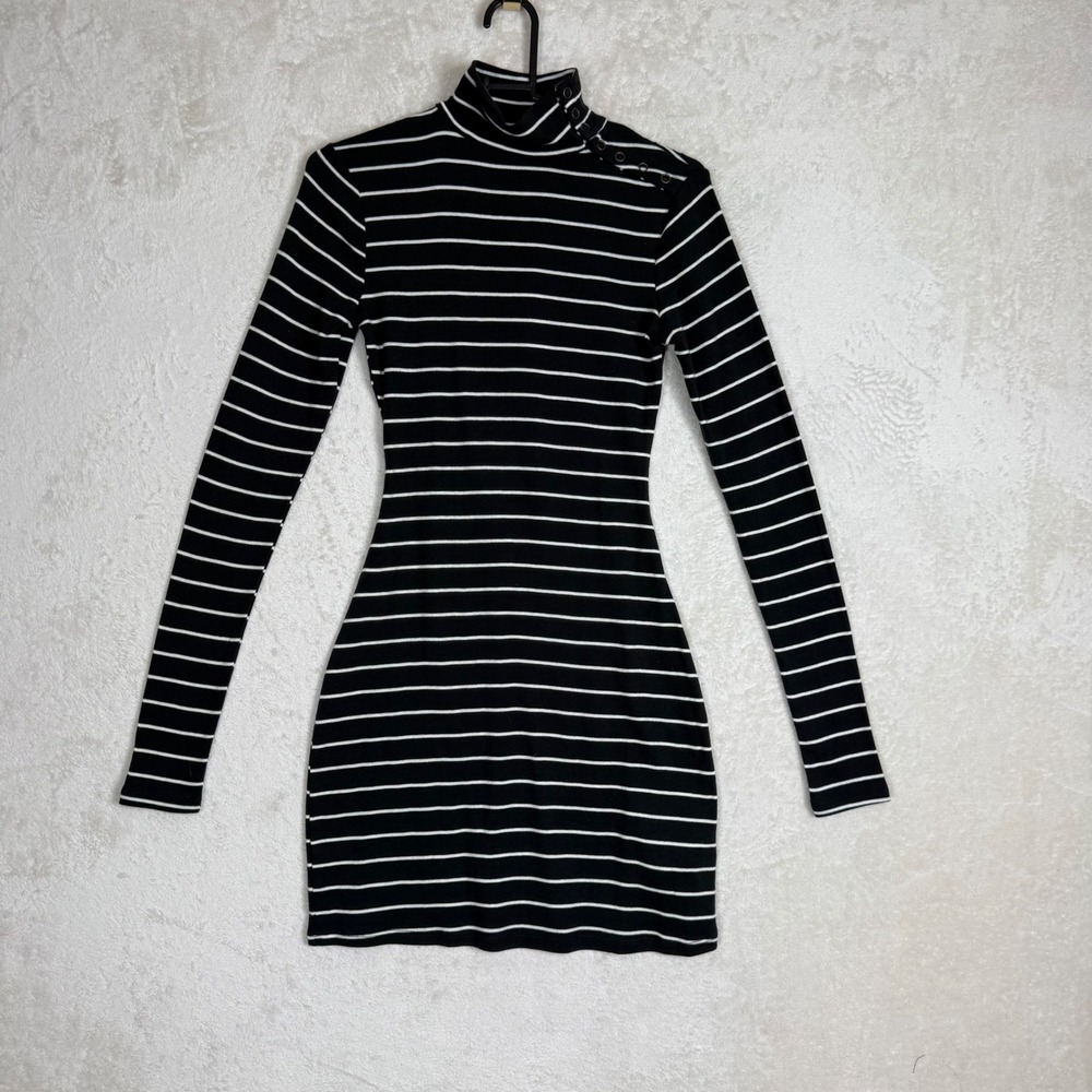 Urban Outfitters Womens XS Black White Striped Snap Mock Neck Mini Dress Ribbed